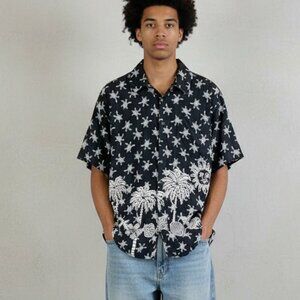 Vintage 90s Turtle Tropical Print Rayon Shirt Mens L XL Black‎ White Button Up